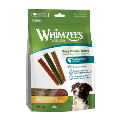 Whimzees Stix dental chews for dogs medium 14 pack front packaging