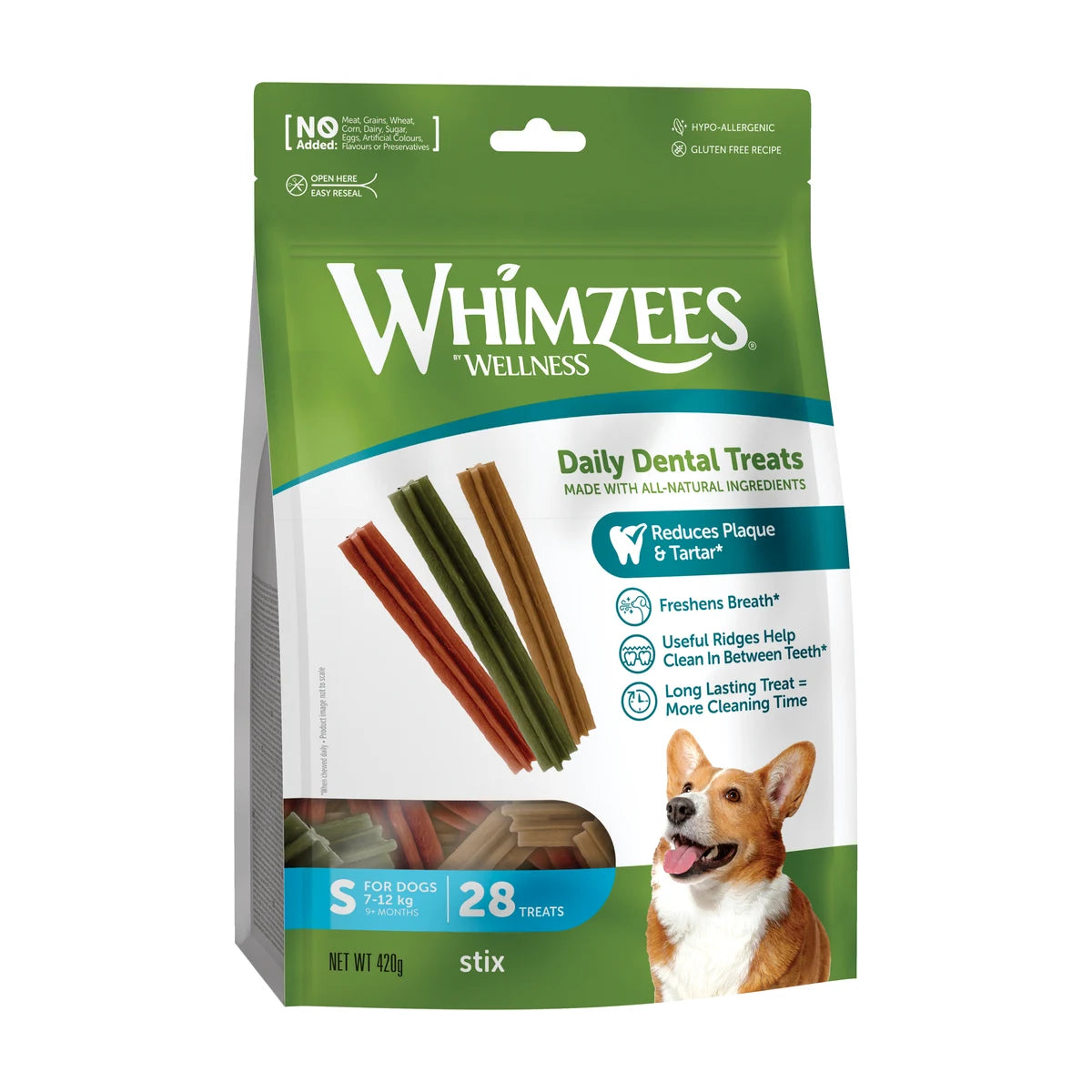 Whimzees Stix dental chews for dogs small 28 pack front packaging