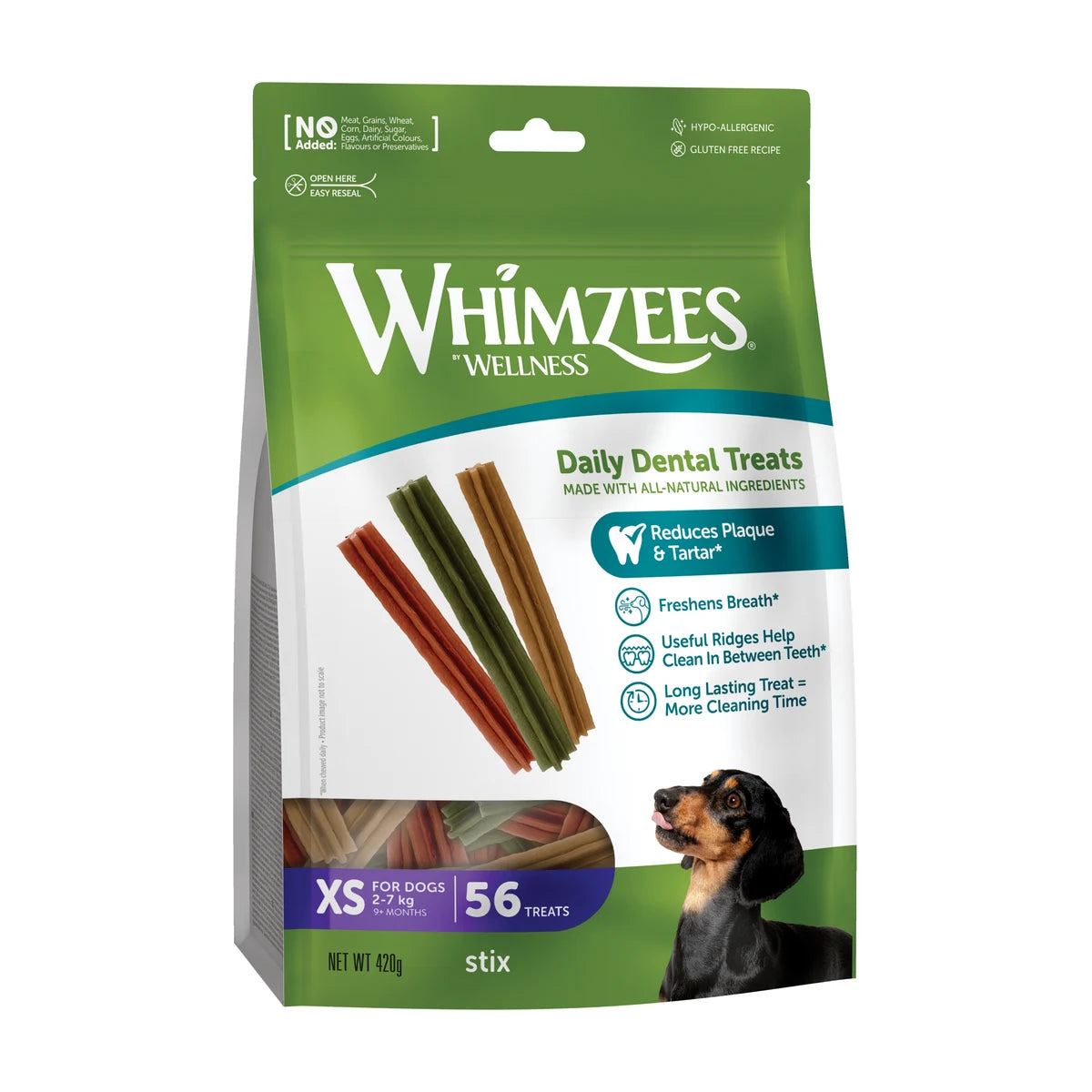 Whimzees Stix x small dental chews for dogs 56 pack front packaging