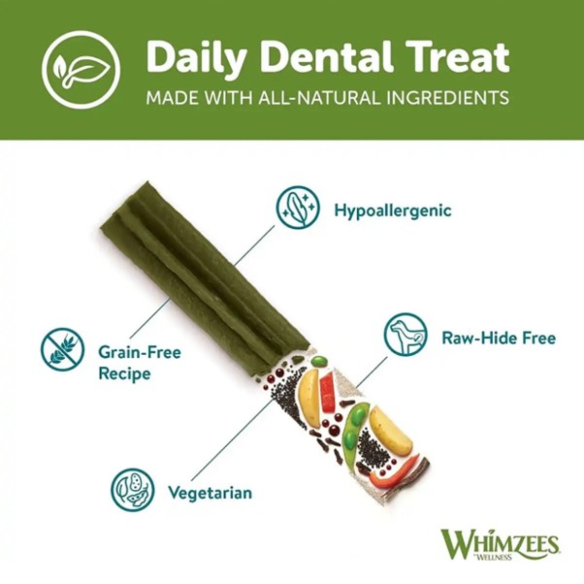 Whimzees Stix dental chew graphic showing grain free vegetarian and rawhide free recipe
