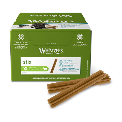 Whimzees Stix X-Large 30pc dental dog treats pack front for dogs 27kg and over