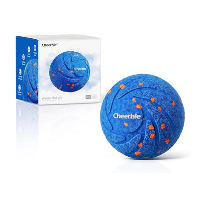 Cheerble Wicked Ball AIR blue packaging box with blue interactive dog ball on white background