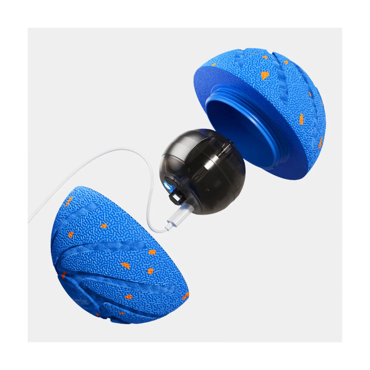 Exploded view of interactive dog ball showing inner motor core and outer shell with USB C charging