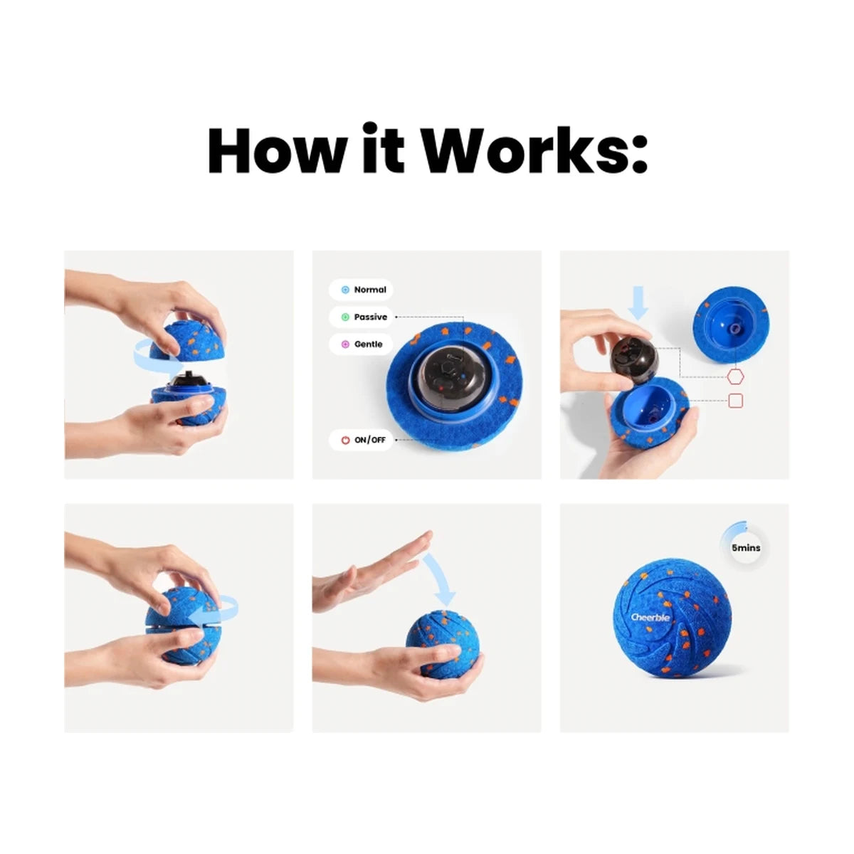 Step by step guide showing how to open turn on and use the smart interactive dog ball