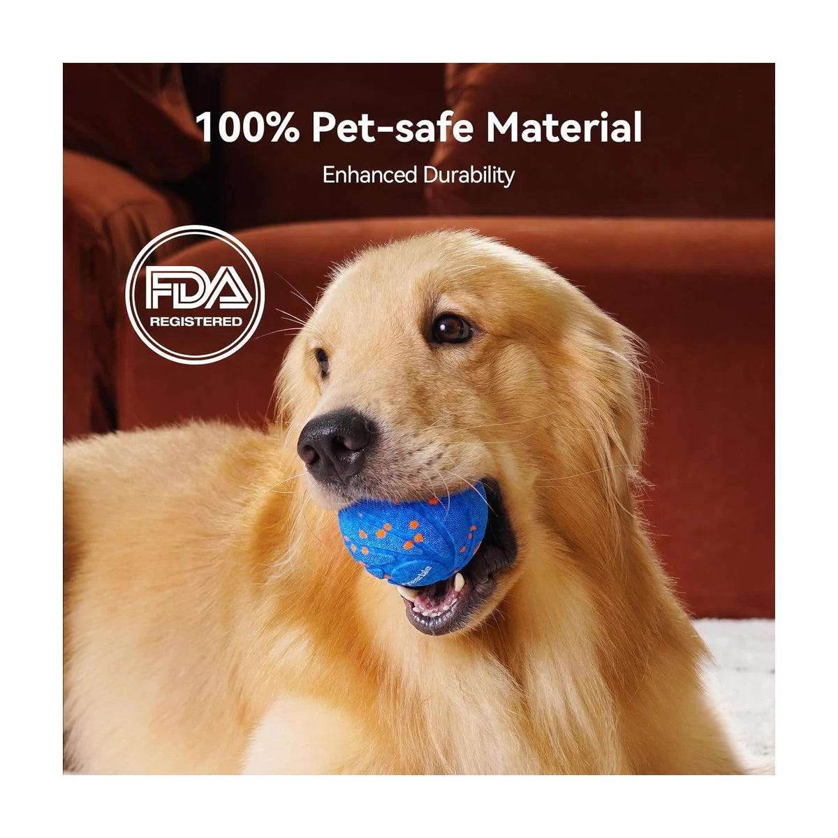 Golden retriever holding interactive dog ball with pet safe material message