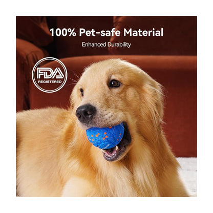 Golden retriever holding interactive dog ball with pet safe material message