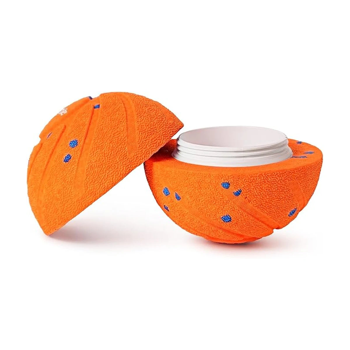 Orange interactive dog ball opened to show inner cap and shell design