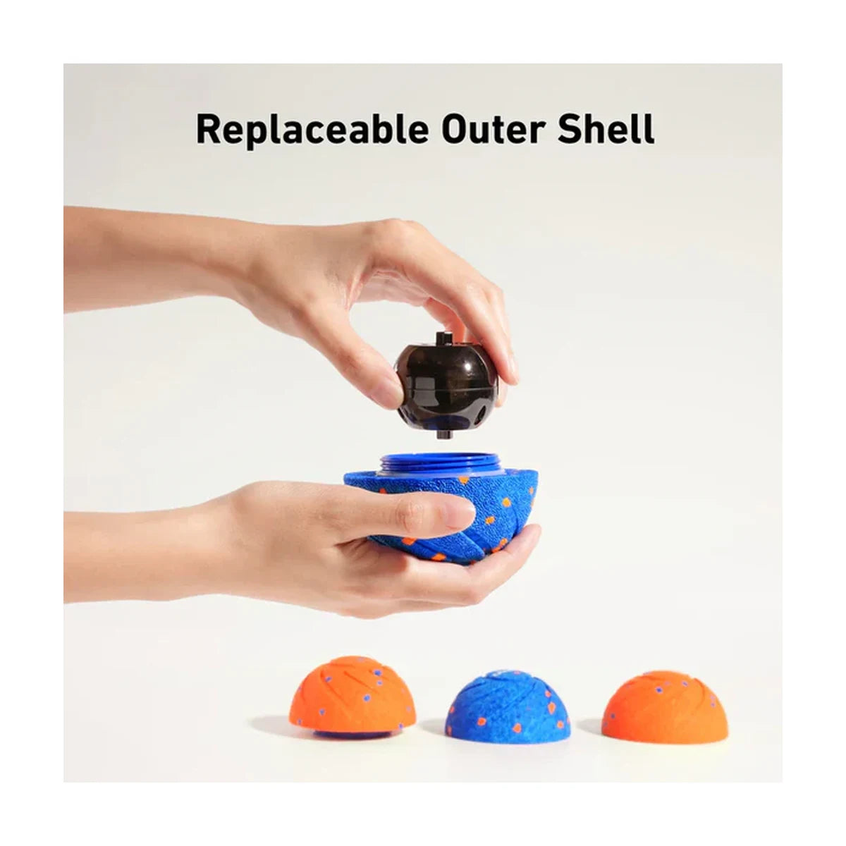 Demonstration of replaceable outer shell for interactive dog ball with removable inner core