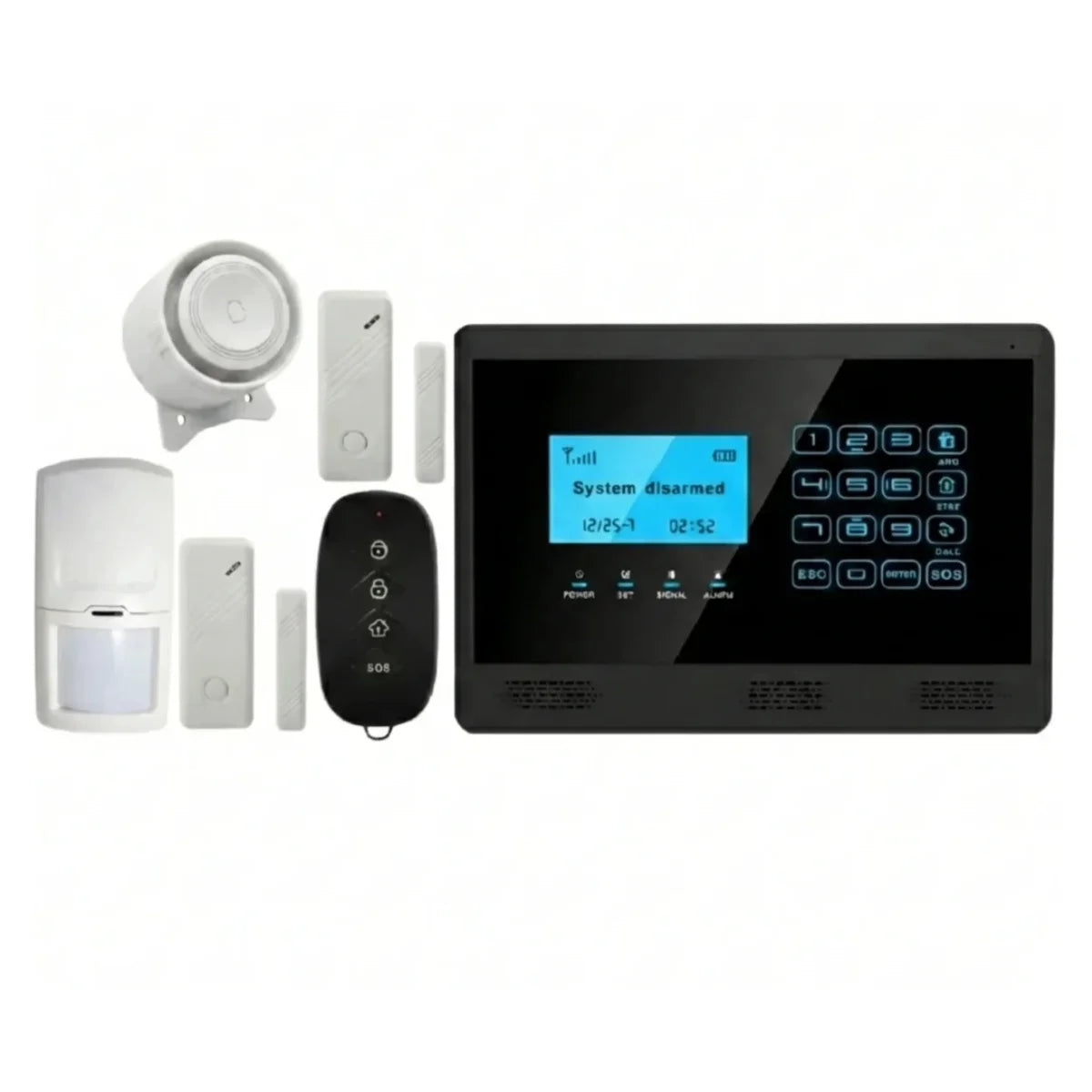 Wireless WiFi GSM alarm system kit with touch keypad panel, PIR motion detector, door sensors, remote and siren