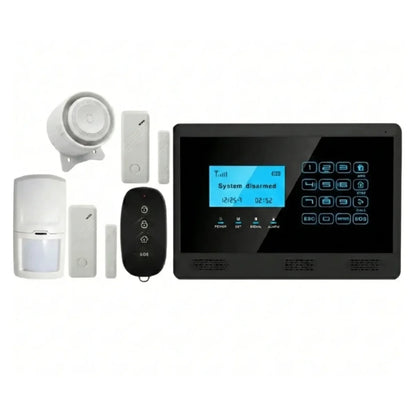 Wireless WiFi GSM alarm system kit with touch keypad panel, PIR motion detector, door sensors, remote and siren