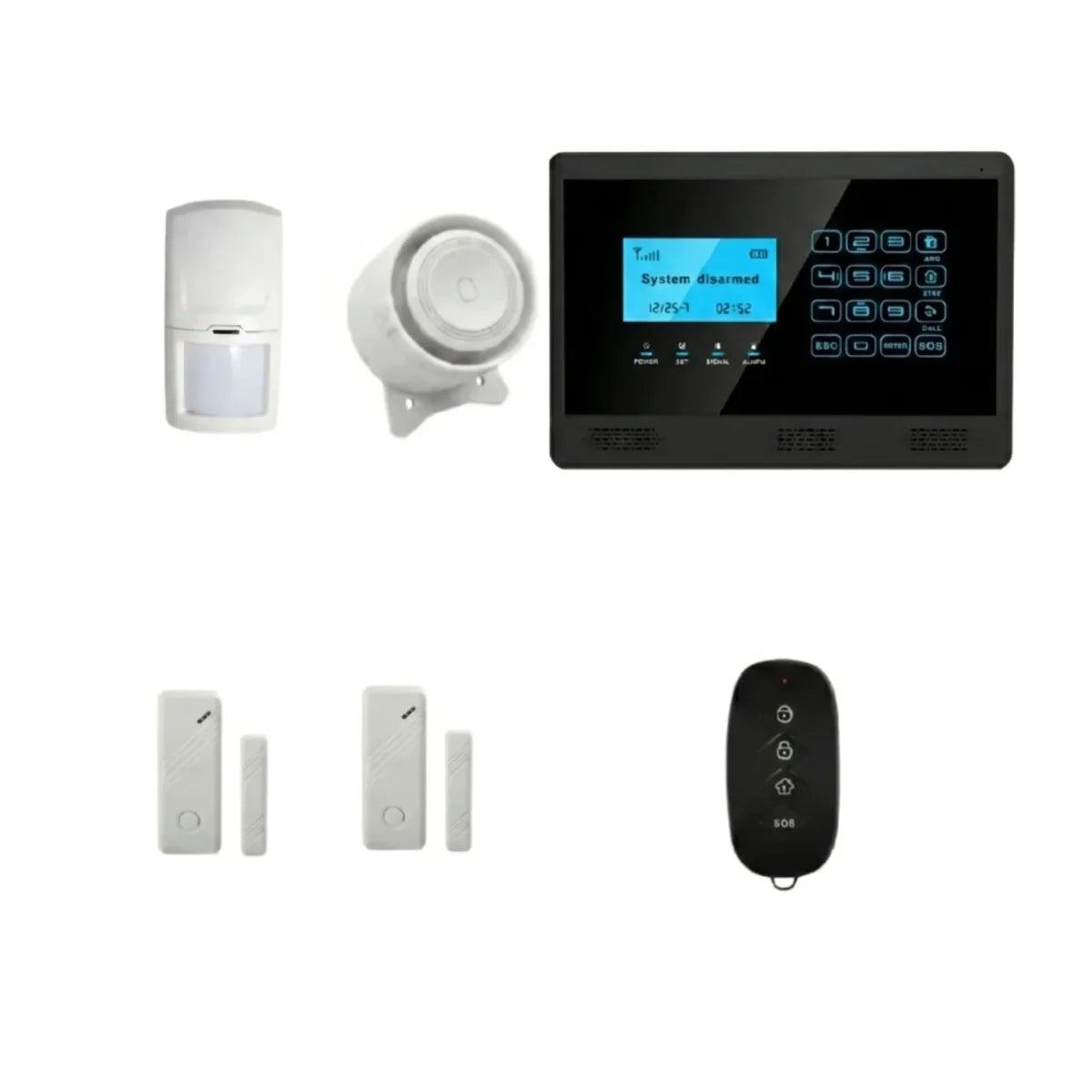 WiFi + GSM home alarm kit layout with keypad control panel, motion sensor, 2 door sensors, siren and remote