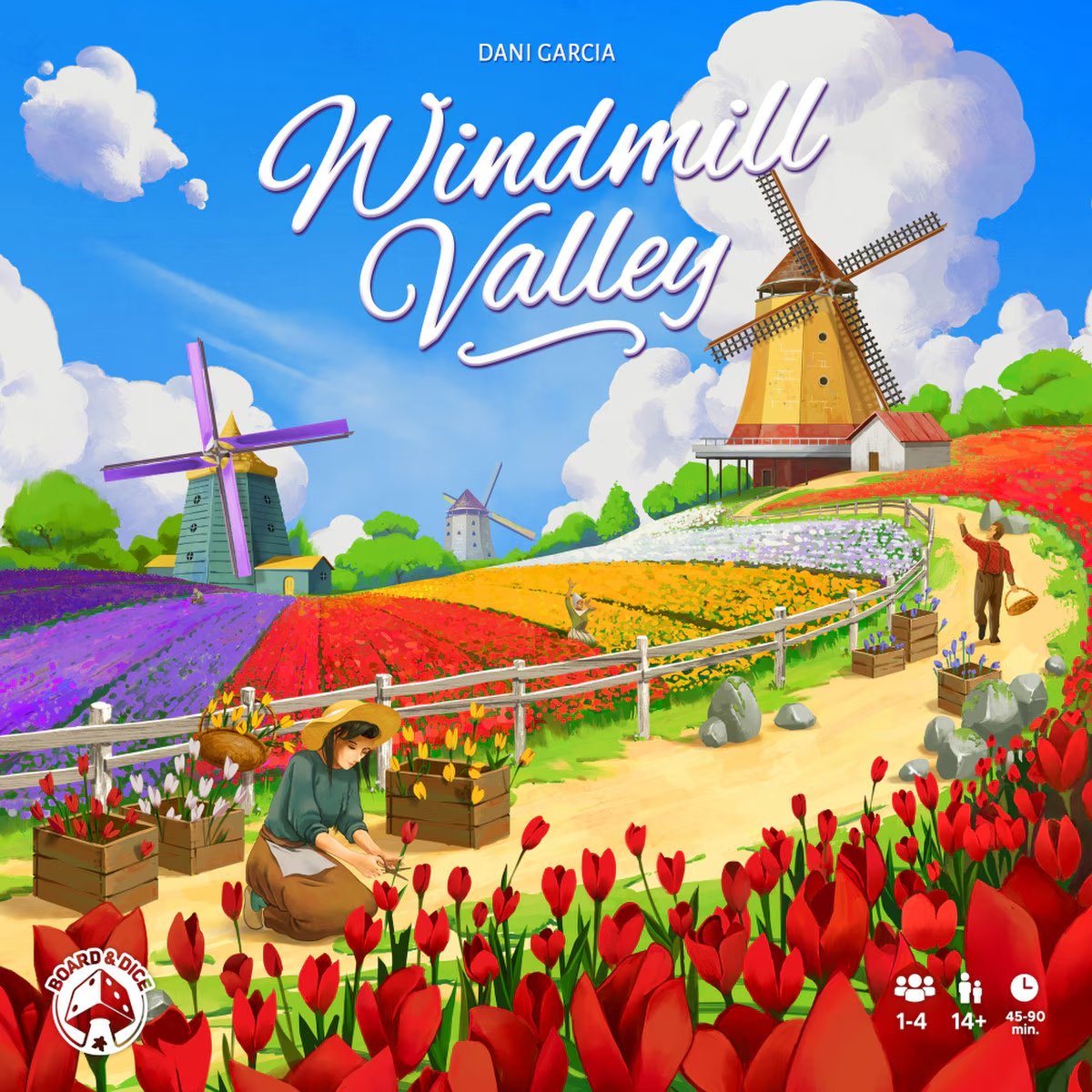 Windmill Valley cover artwork showing colourful tulip fields, farmers and windmills