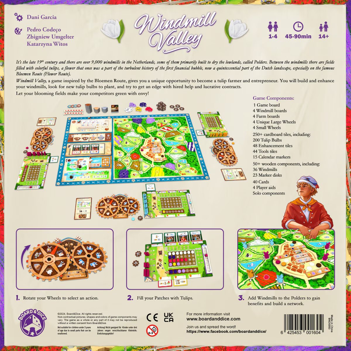 Back of the Windmill Valley board game box showing the setup, components and action wheels