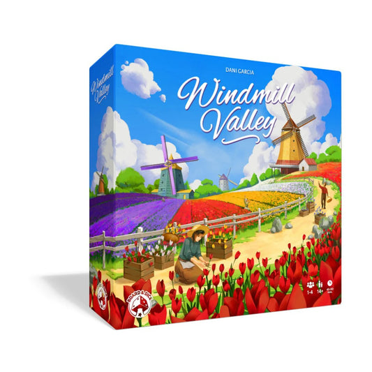 Windmill Valley strategy board game box front showing colourful tulip fields and Dutch windmills