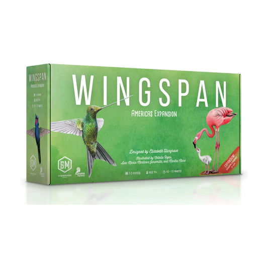 Wingspan Americas Expansion box featuring hummingbird and flamingo artwork for the bird strategy board game expansion