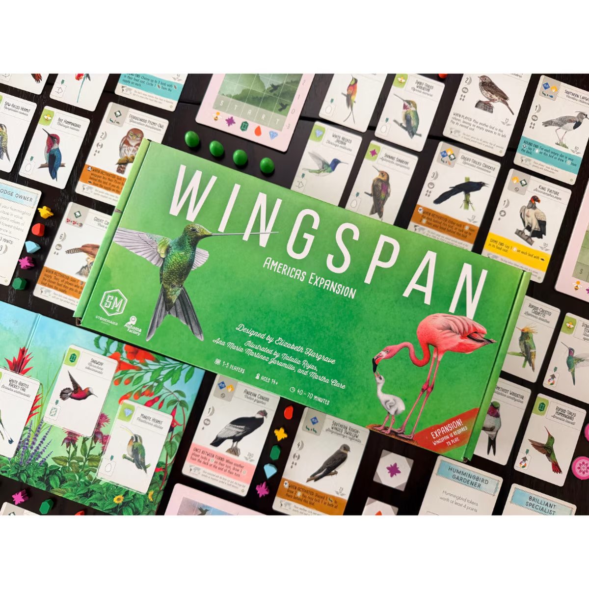 Wingspan Americas Expansion components with bird cards hummingbird garden board tokens and expansion box