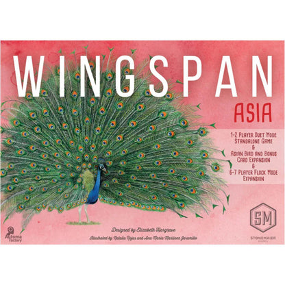 Wingspan Asia Expansion flat front cover showing peacock artwork and 1 to 7 player Wingspan game modes