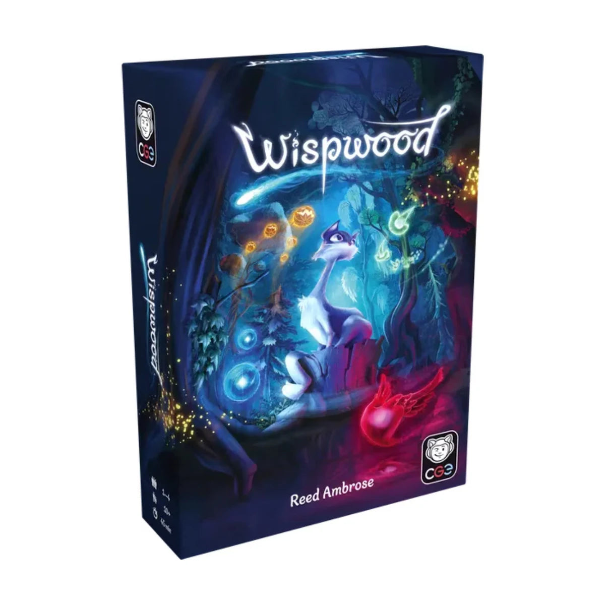 Angled studio image of Wispwood board game box showing enchanted forest artwork and glowing wisps