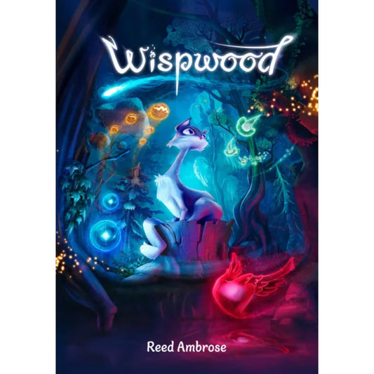 Wispwood strategy board game front cover with magical forest artwork, glowing wisps, and curious cat