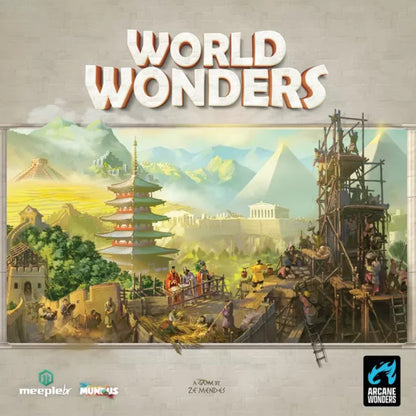 World Wonders board game cover art showing ancient monuments and city construction