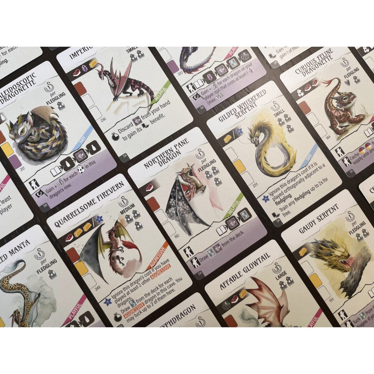 Wyrmspan Dragon Academy Expansion gameplay cards with dragon cards, tokens and player area