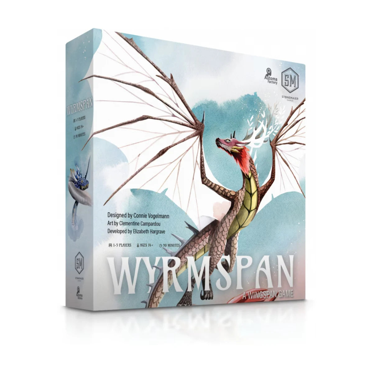 Wyrmspan strategy board game angled box image with dragon cover art