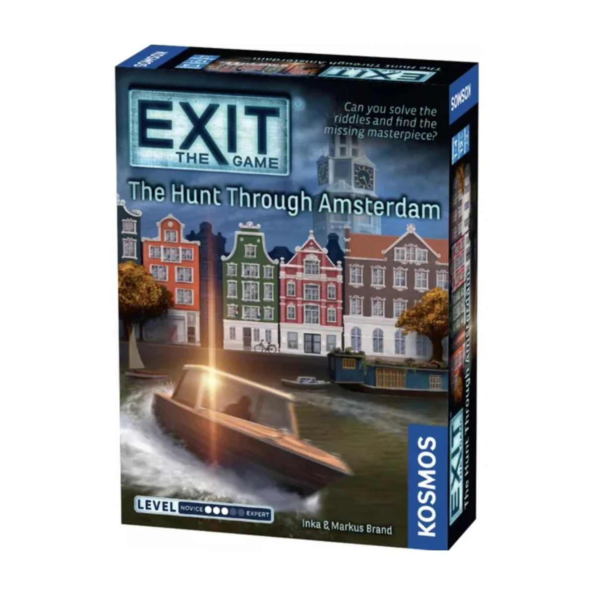 EXIT The Hunt Through Amsterdam escape room board game box front with Amsterdam canal and mystery artwork