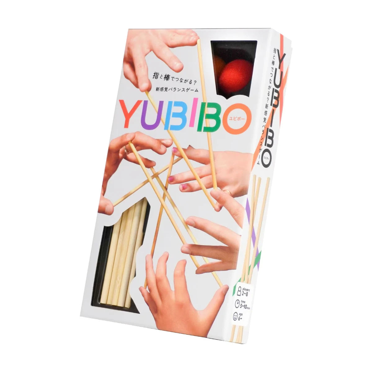 Angled studio image of Yubibo cooperative balance game box with sticks and foam ball visible