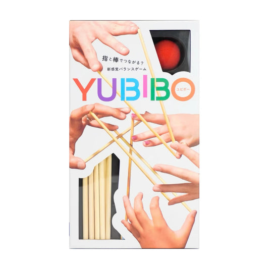 Front view of Yubibo cooperative balance game box showing hands balancing sticks