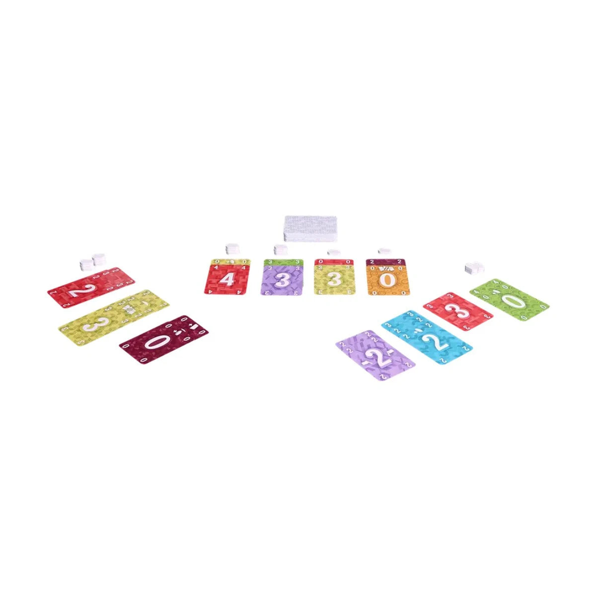 Zero Hero card game components with colourful number cards Zerone tokens and card piles