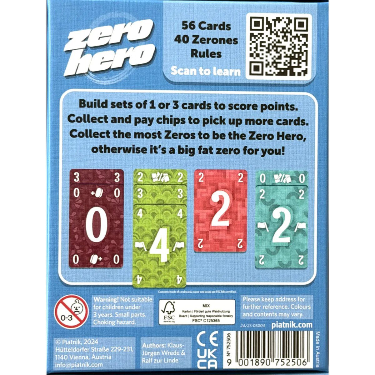 Zero Hero Piatnik card game box back showing cards Zerones game contents and scoring information