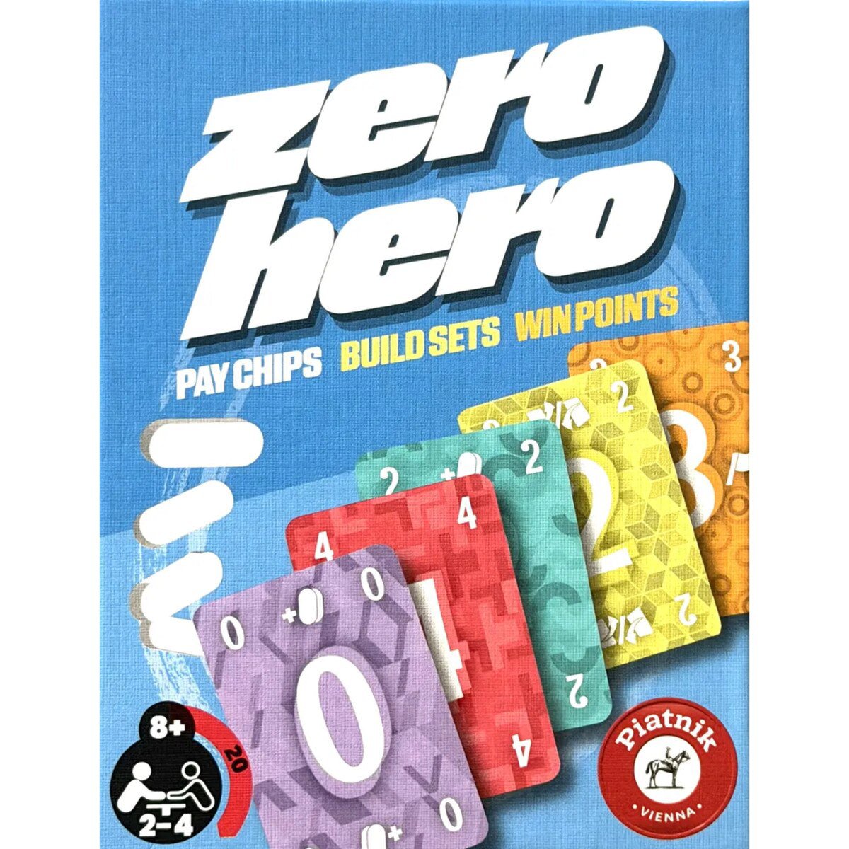 Zero Hero tactical card game box by Piatnik with colourful numbered cards and Zerone tokens