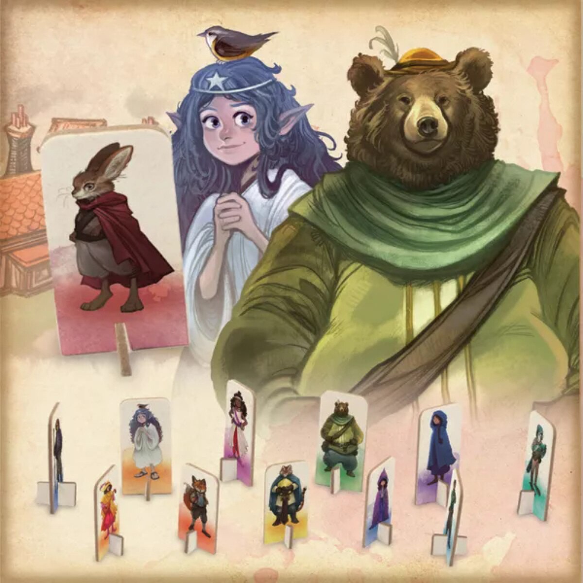 Ziggurat board game character standees and hero artwork