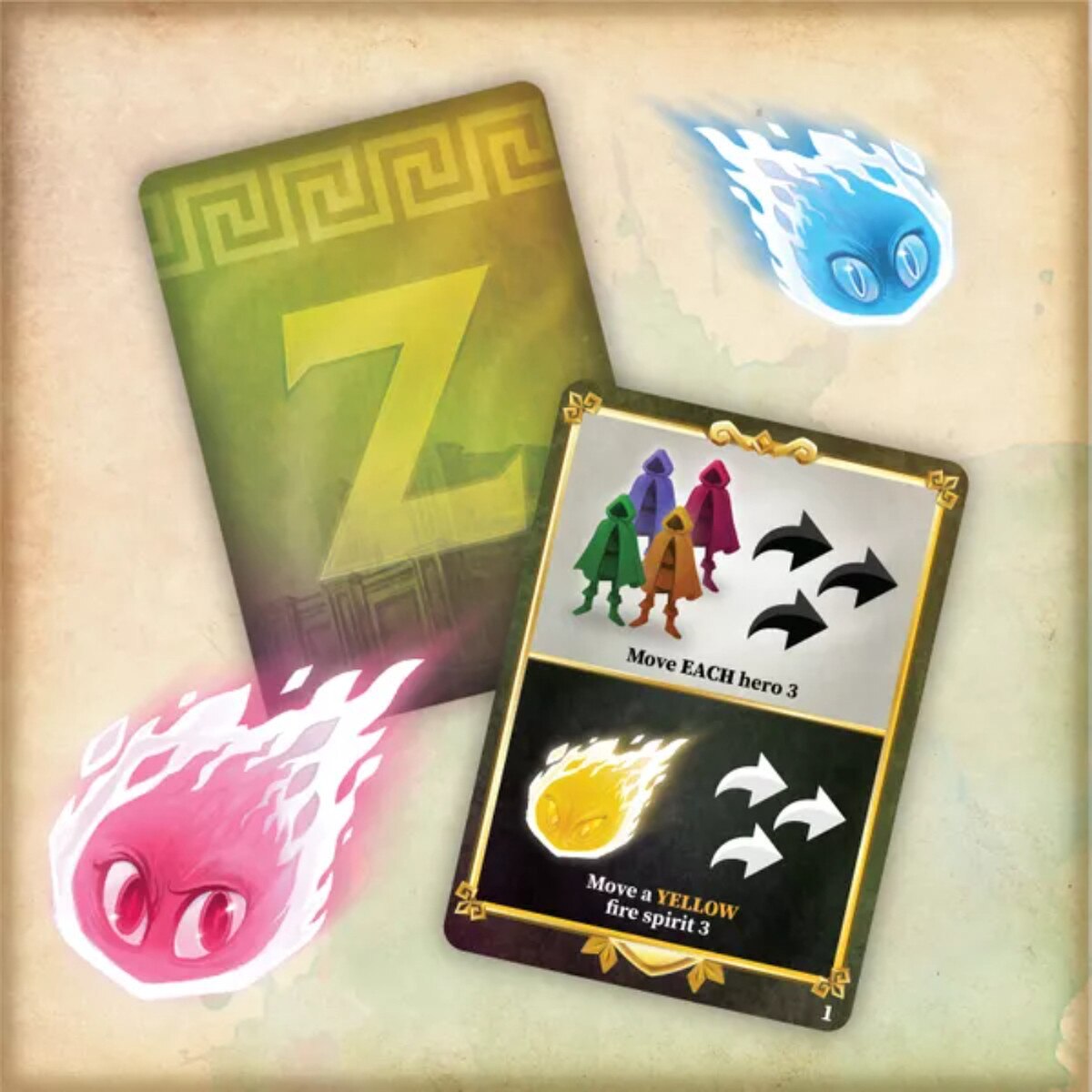 Ziggurat board game card with coloured fire spirit tokens