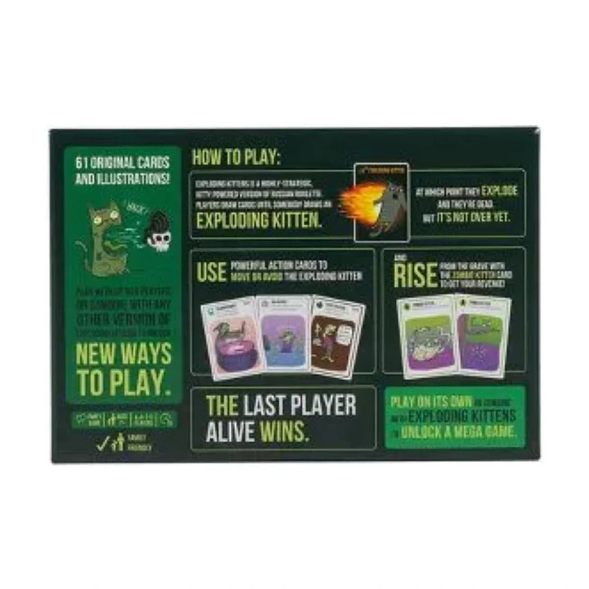 Back of Zombie Kittens card game box showing how to play