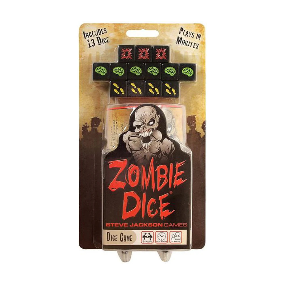 Zombie Dice board game pack front with custom dice and dice cup