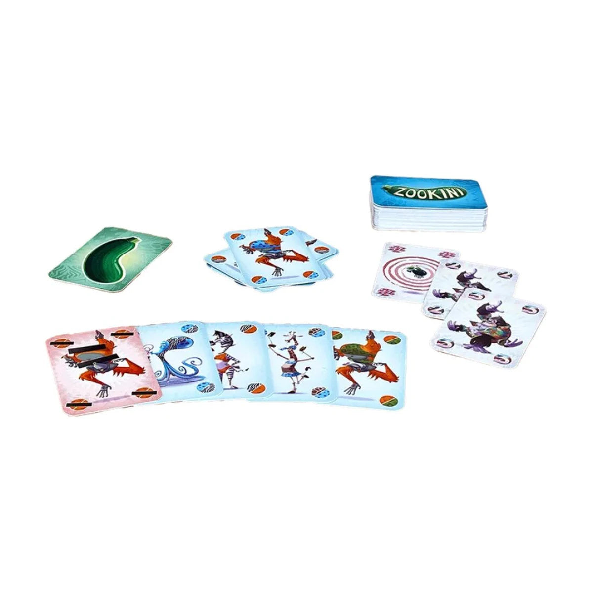 Zookini card game components with animal bikini cards Fly cards Gorilla cards and Zucchini card