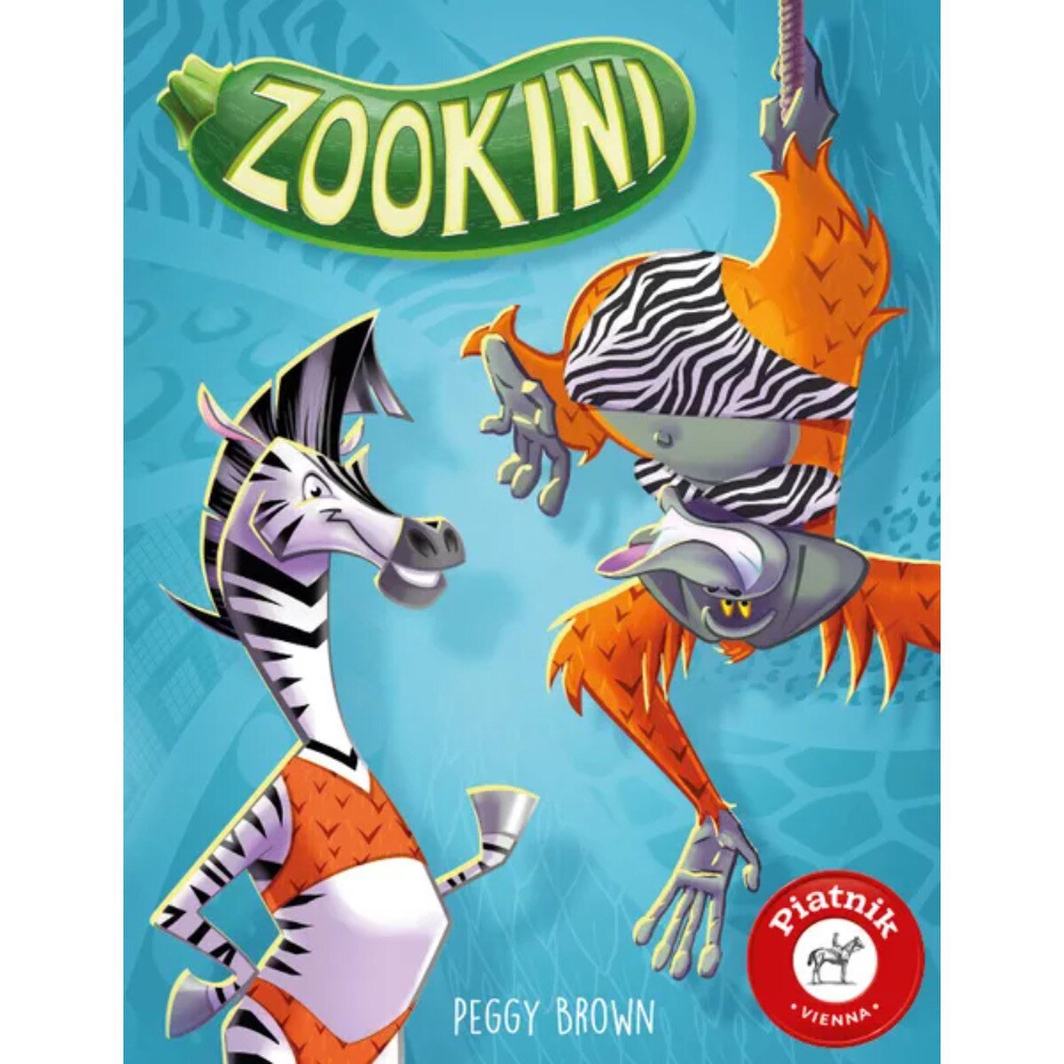 Zookini Piatnik card game cover art featuring zebra and orangutan zoo characters in bikinis